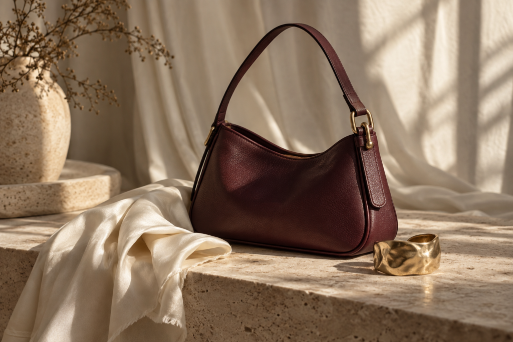Alt ES: Bolso burdeos, pañuelo marfil y brazalete dorado en una composición editorial. Alt EN: Burgundy handbag, ivory scarf and gold-tone cuff in an editorial arrangement.